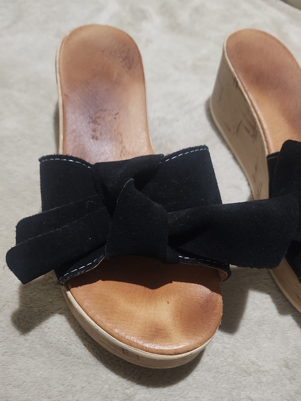 Black Bow Cork Wedge Slide Sandals - Women - Picture 2 of 9